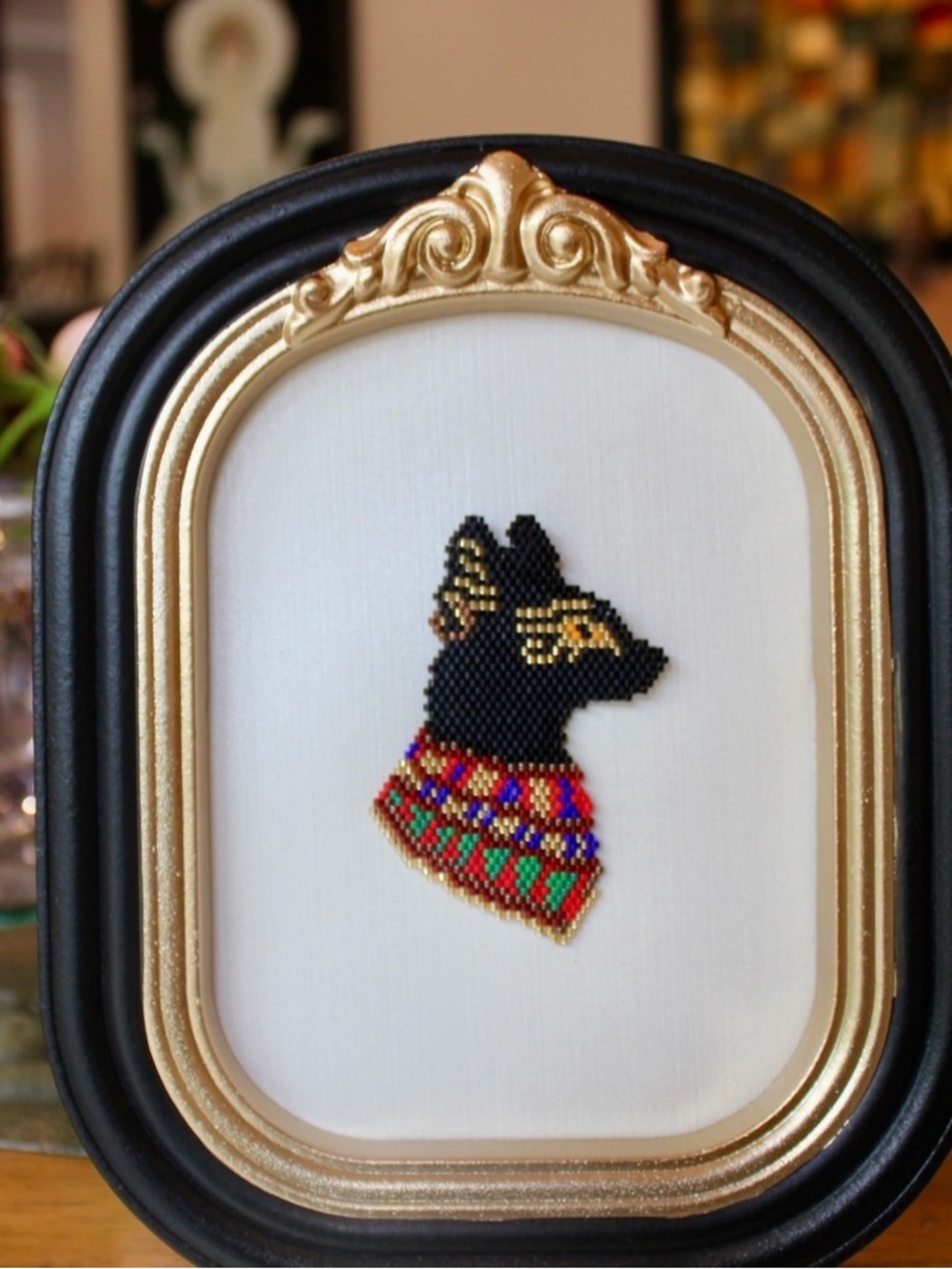 Egyptian Cat Mini Framed Bead Art • Black Gold Luxe Decor